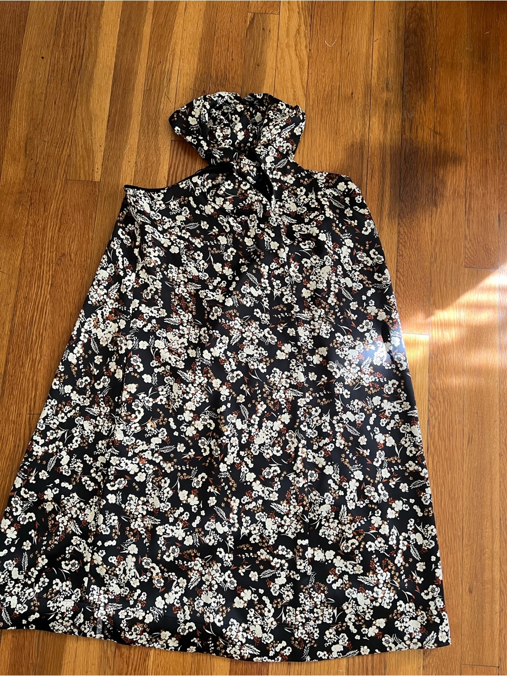 Rebecca Minkoff Black Floral Halter Dress with Cream & Rust Accents